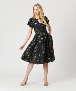 Unique Vintage Gold Foil Celestial Dahlia Swing Dress