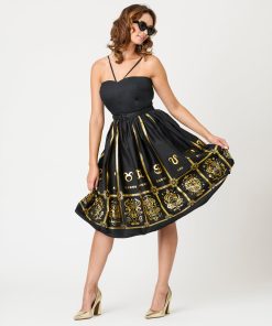 Unique Vintage Black & Gold Astrological Chart Sweetheart Halter Swing Dress