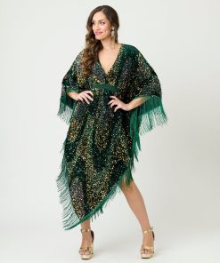 Smak Parlour Green Sequin Fringe Caftan Dress