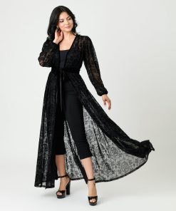 Unique Vintage Black Flocked La Caterina Hollywood Duster