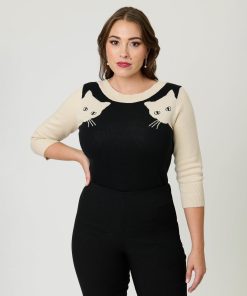 Unique Vintage Black & White Cat Sleeve Minou Sweater