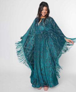 Unique Vintage Emerald Floral Fringe Flutter Sleeve Caftan