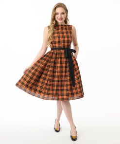 Unique Vintage Orange Plaid Sleeveless Cotton Swing Dress