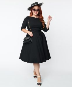 Unique Vintage Plus Size 1950s Black Devon Swing Dress
