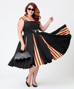 Unique Vintage Plus Size Black Halloween Stripe Swing Dress