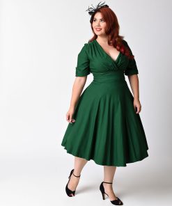 Unique Vintage Plus Size Emerald Green Delores Swing Dress with Sleeves