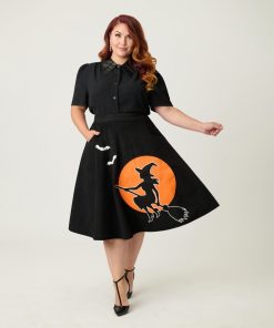 Unique Vintage Plus Size Flying Witch Soda Shop Swing Skirt